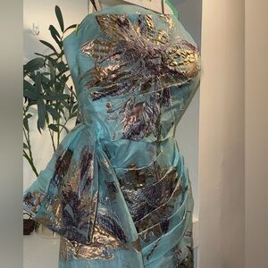 Rina diMontella size 16 strapless formal dress lightBlue/Teal Purple/Gold floral